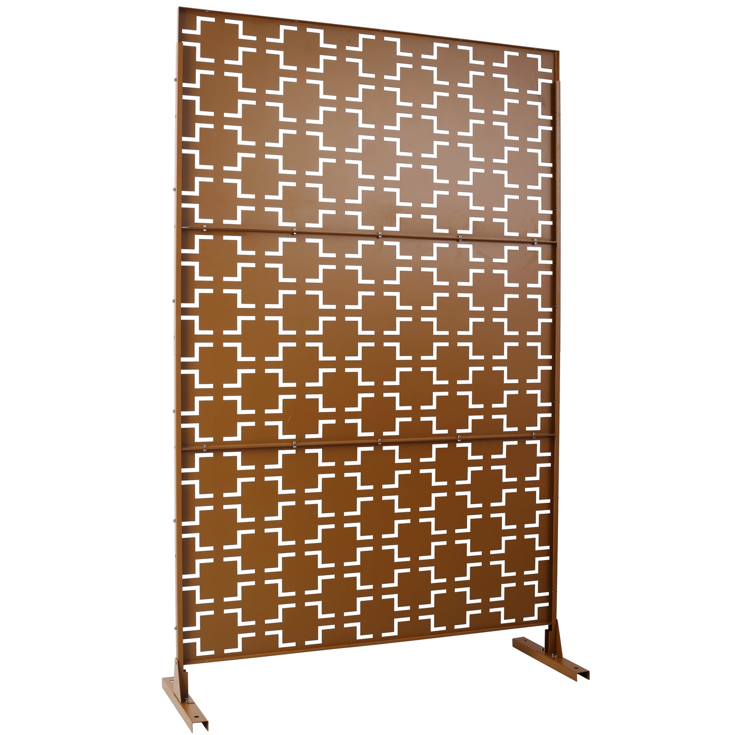 Brown metal decorative screen with geometric cutouts and sturdy base