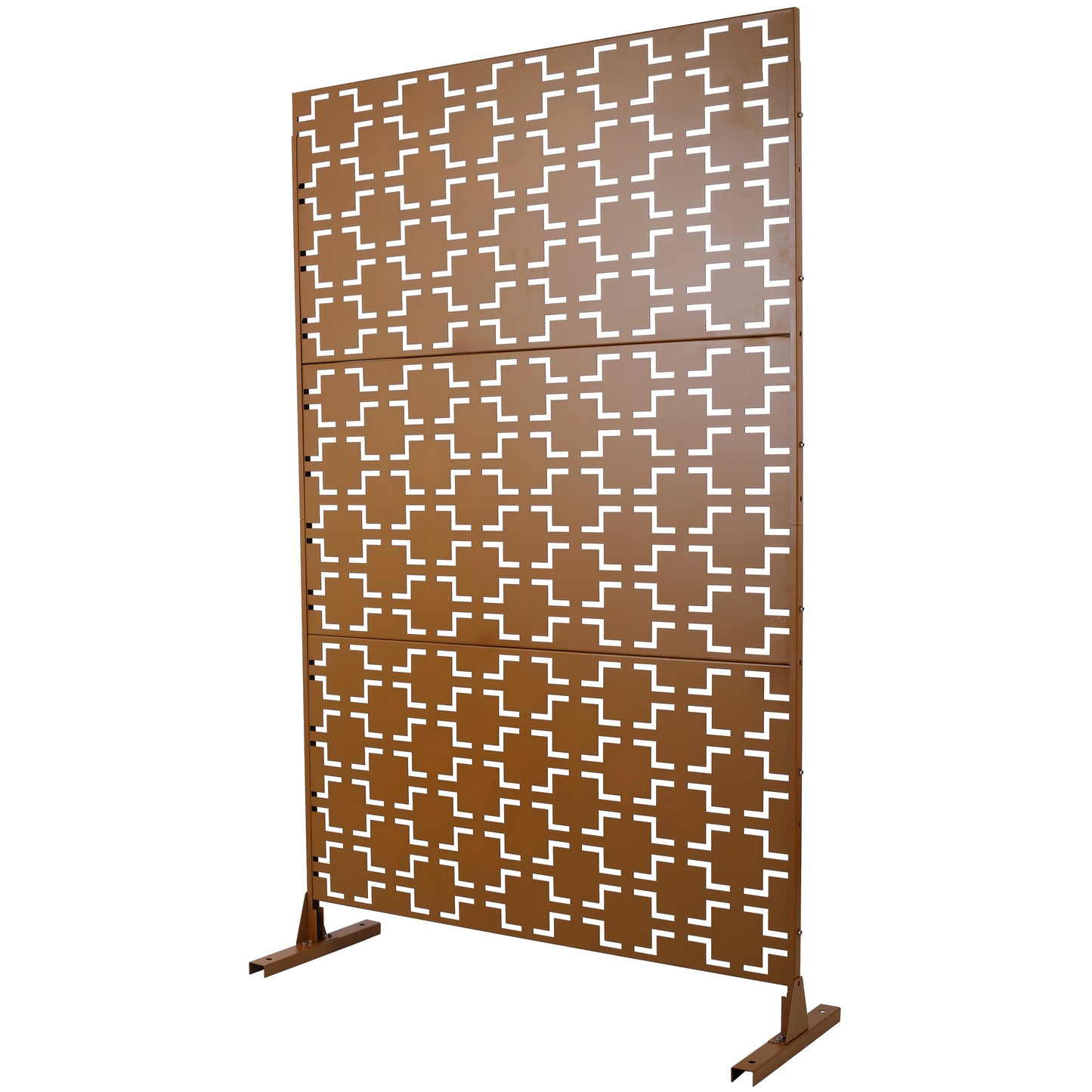 Bronze metal privacy screen with geometric cutouts ideal for outdoor patio decor