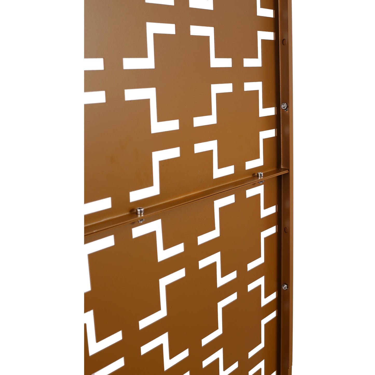 Bronze metal privacy screen with geometric cutouts ideal for gardens