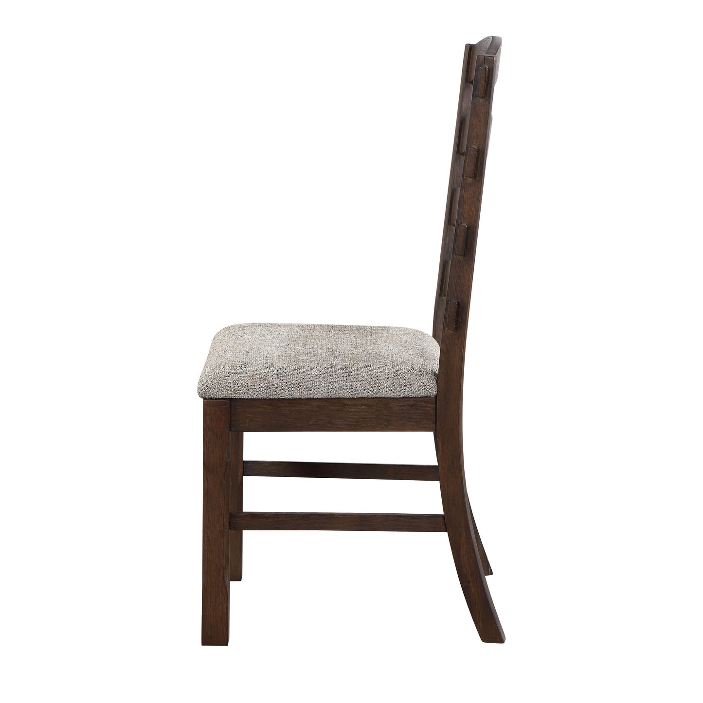 Dark wood dining chair with textured grey upholstered seat and geometric backrest detail