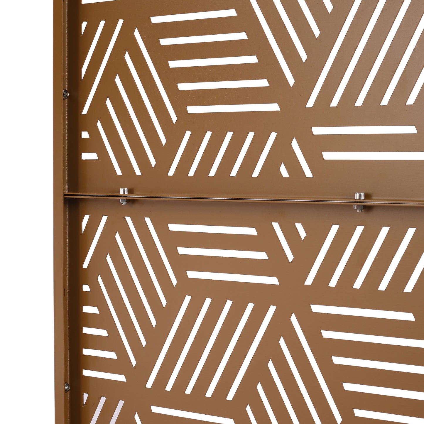 Bronze metal garden screen panel with abstract geometric cutouts for privacy