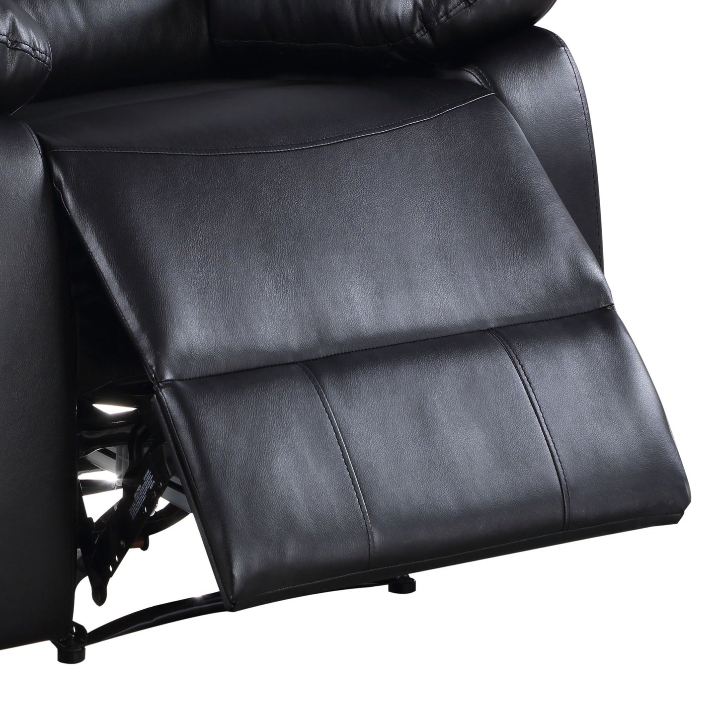 Closeup of a black faux leather recliner seat with visible stitching detail