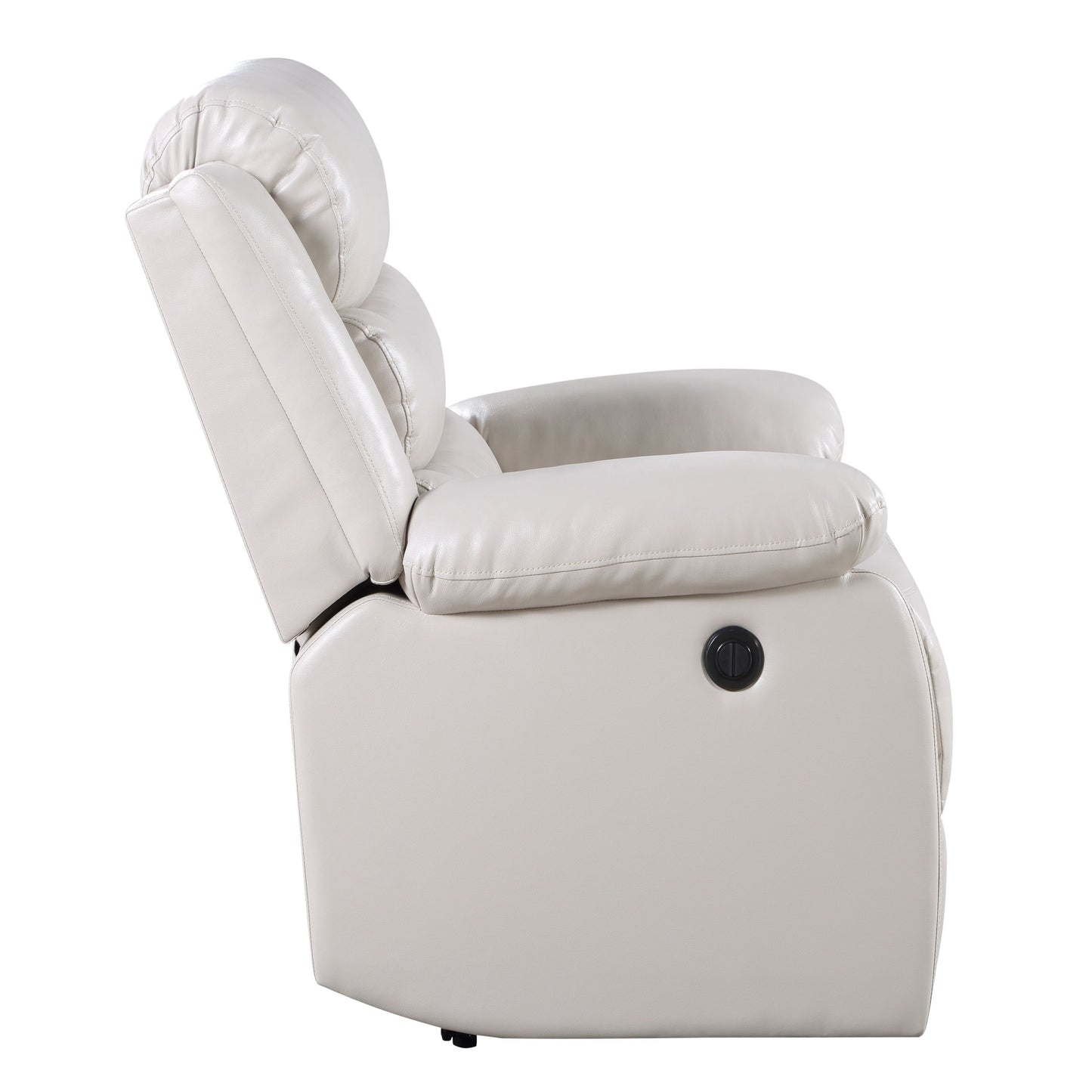 Side view of a plush cream faux leather reclining chair with padded arms and lumbar support