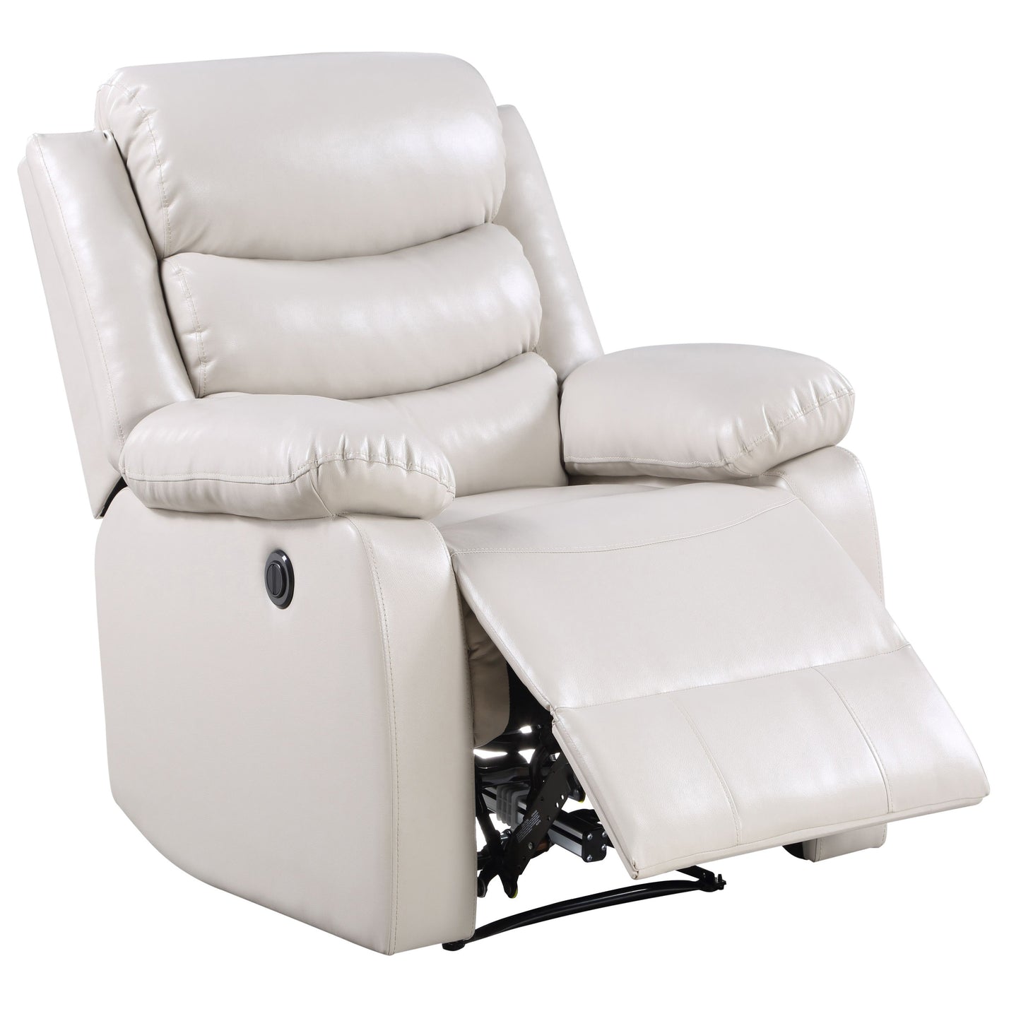 Cream leather recliner chair with padded armrests and footrest extended