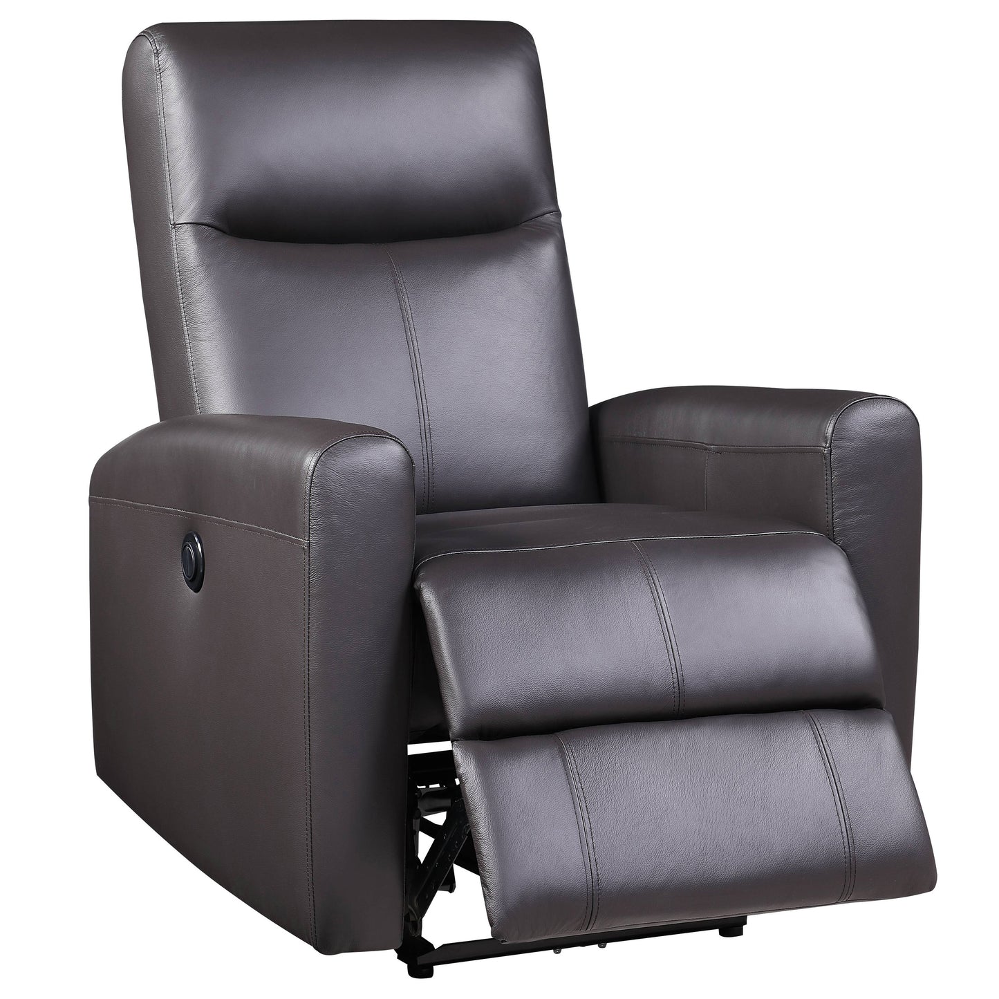 Brown leather recliner chair with reclining footrest and adjustable seat