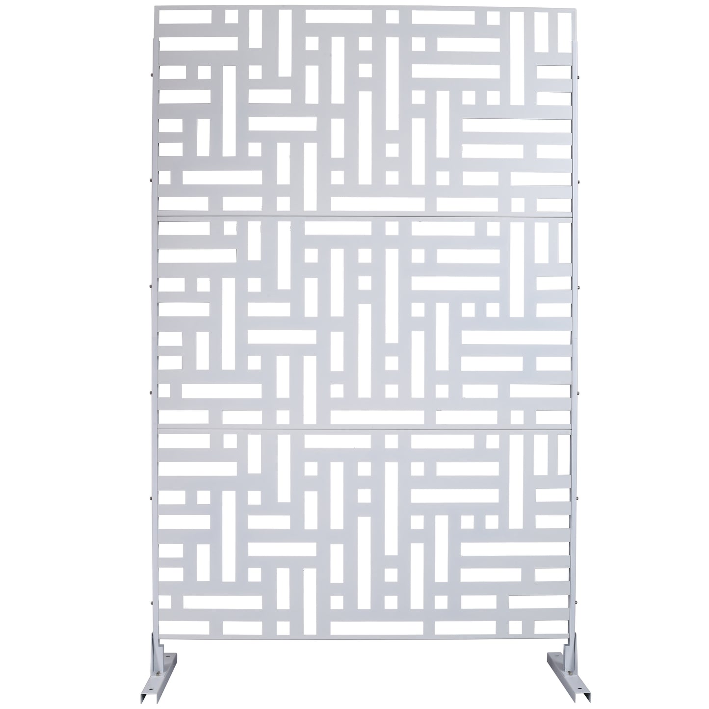 Silver metal outdoor privacy screen with geometric cutout pattern