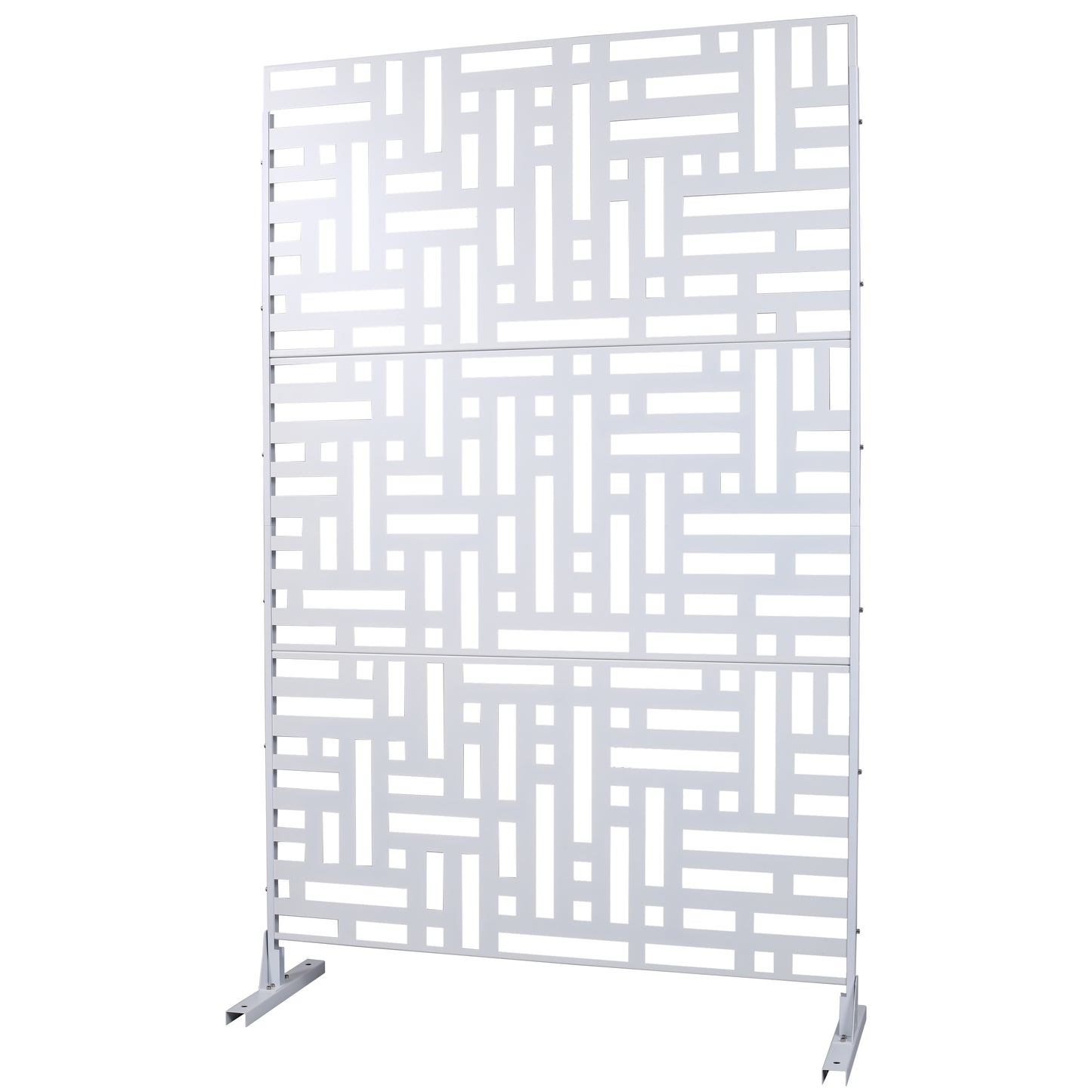 White geometric metal privacy screen with interlocking rectangular cutouts