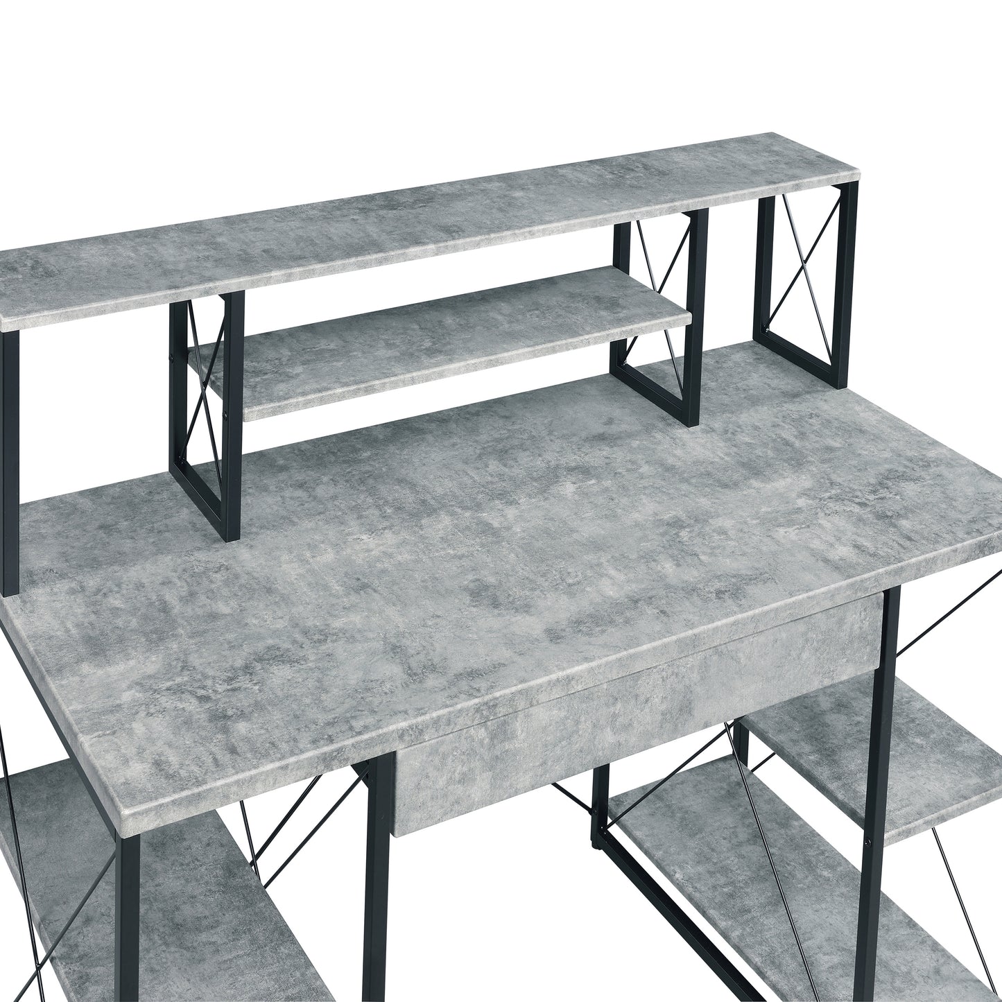 Modern concrete finish computer desk with dual shelves and black metal frame