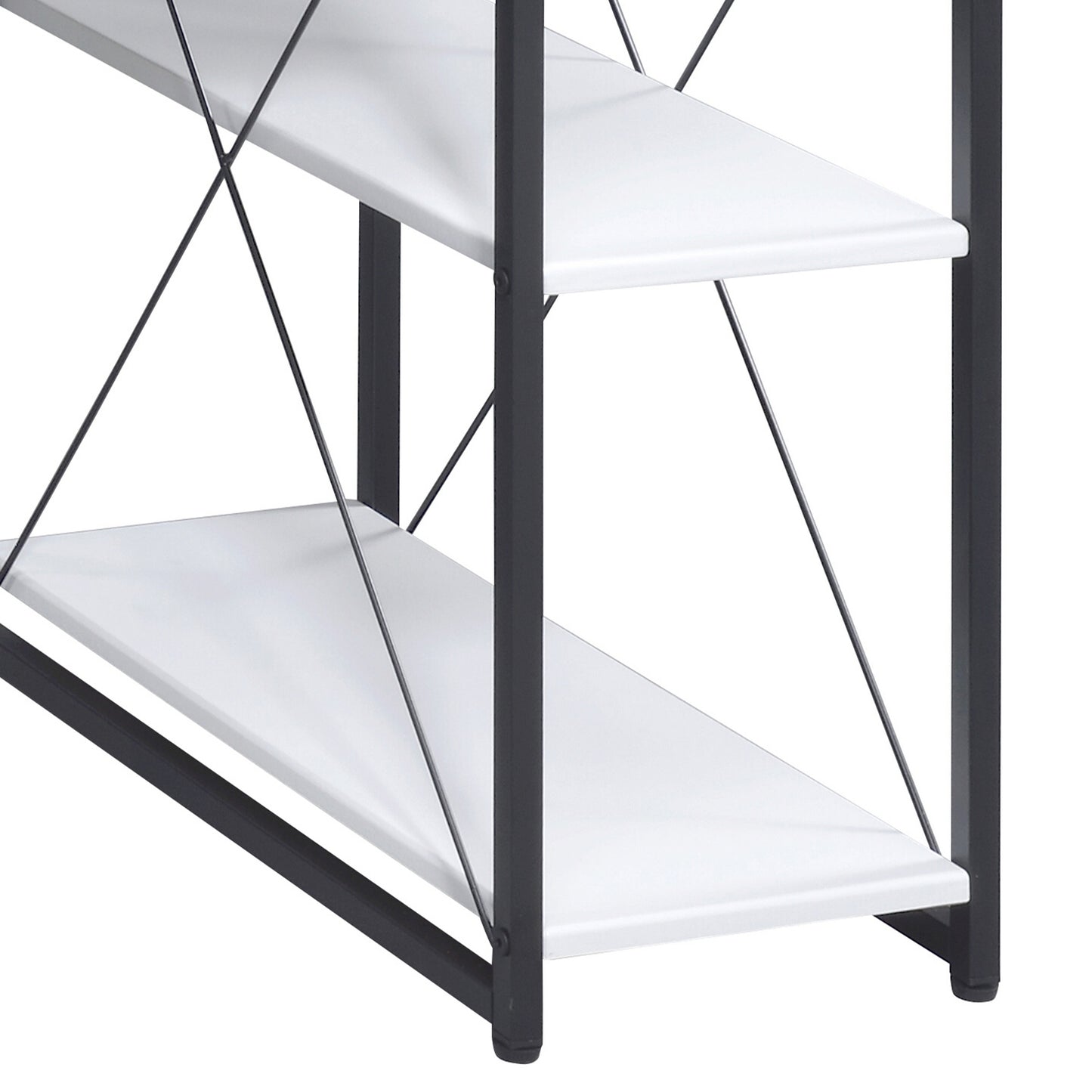Modern white shelf with black metal frame featuring Xbraced supports for stability and style