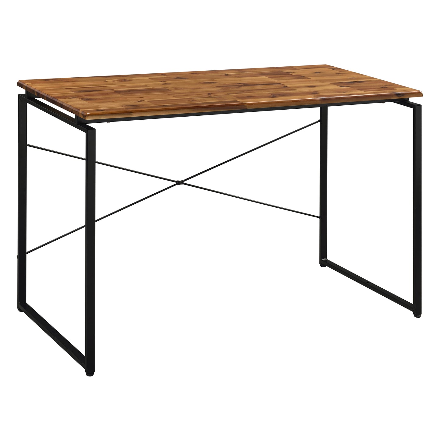 Acacia wood desk with black metal frame and crossbar support