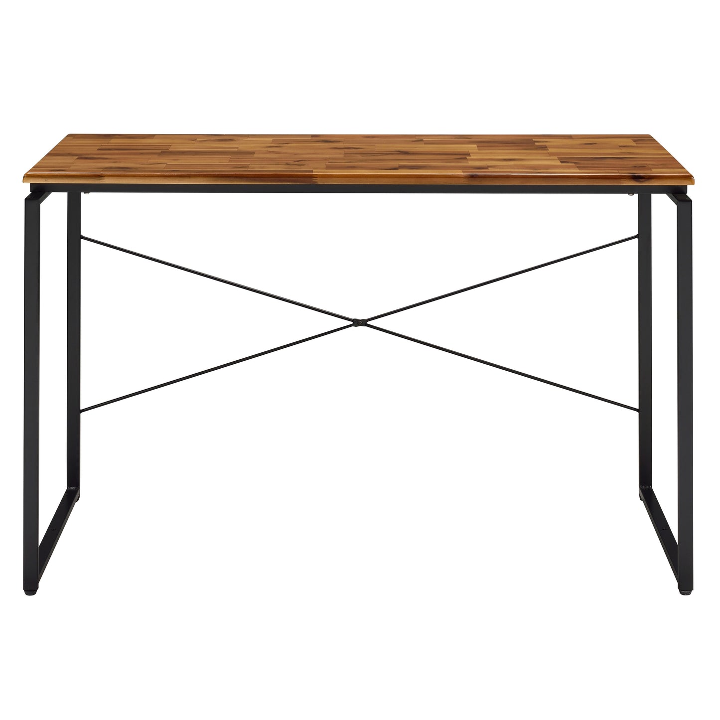 Wooden top writing desk with black metal legs and Xbrace
