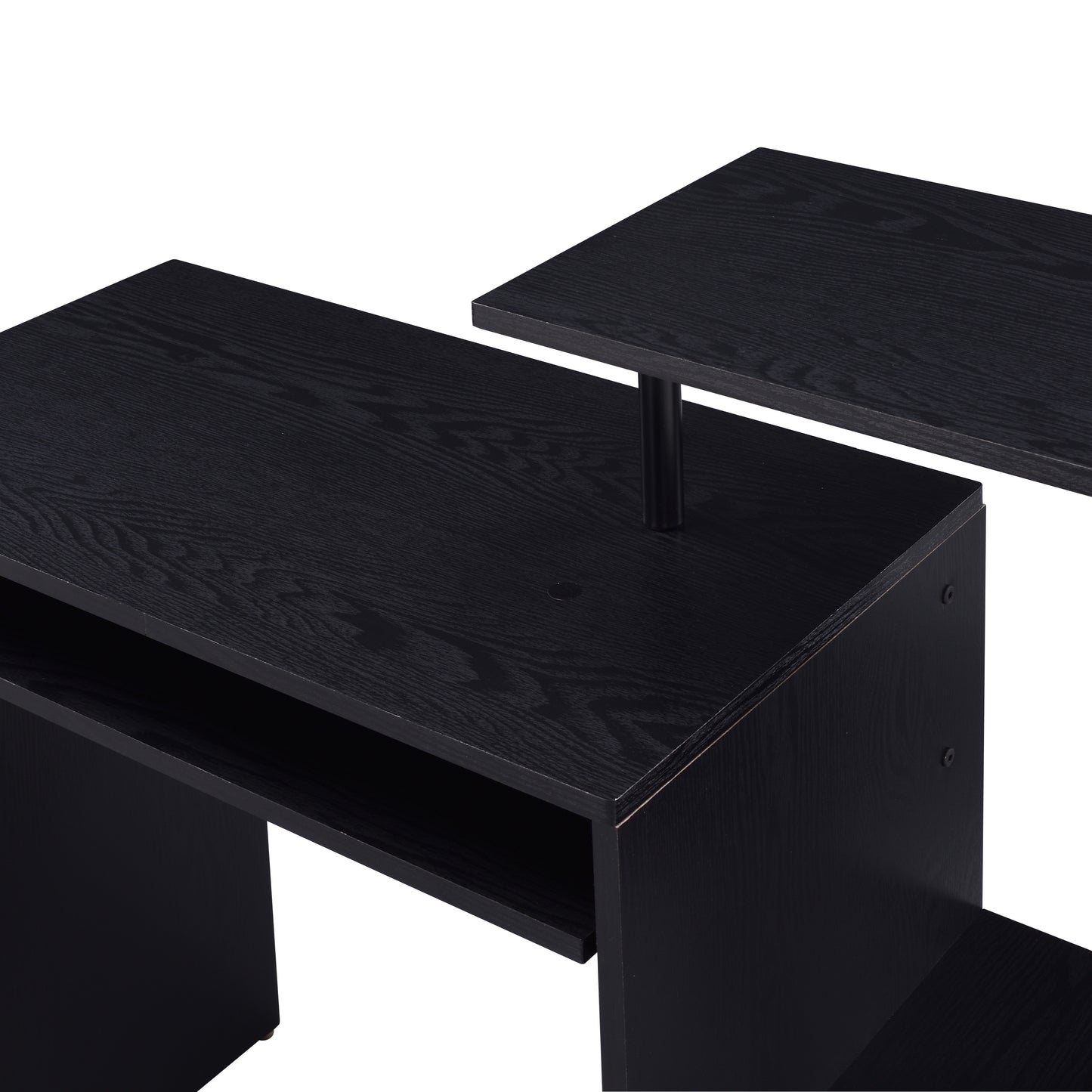 Black wood grain desk with a raised monitor shelf and keyboard tray