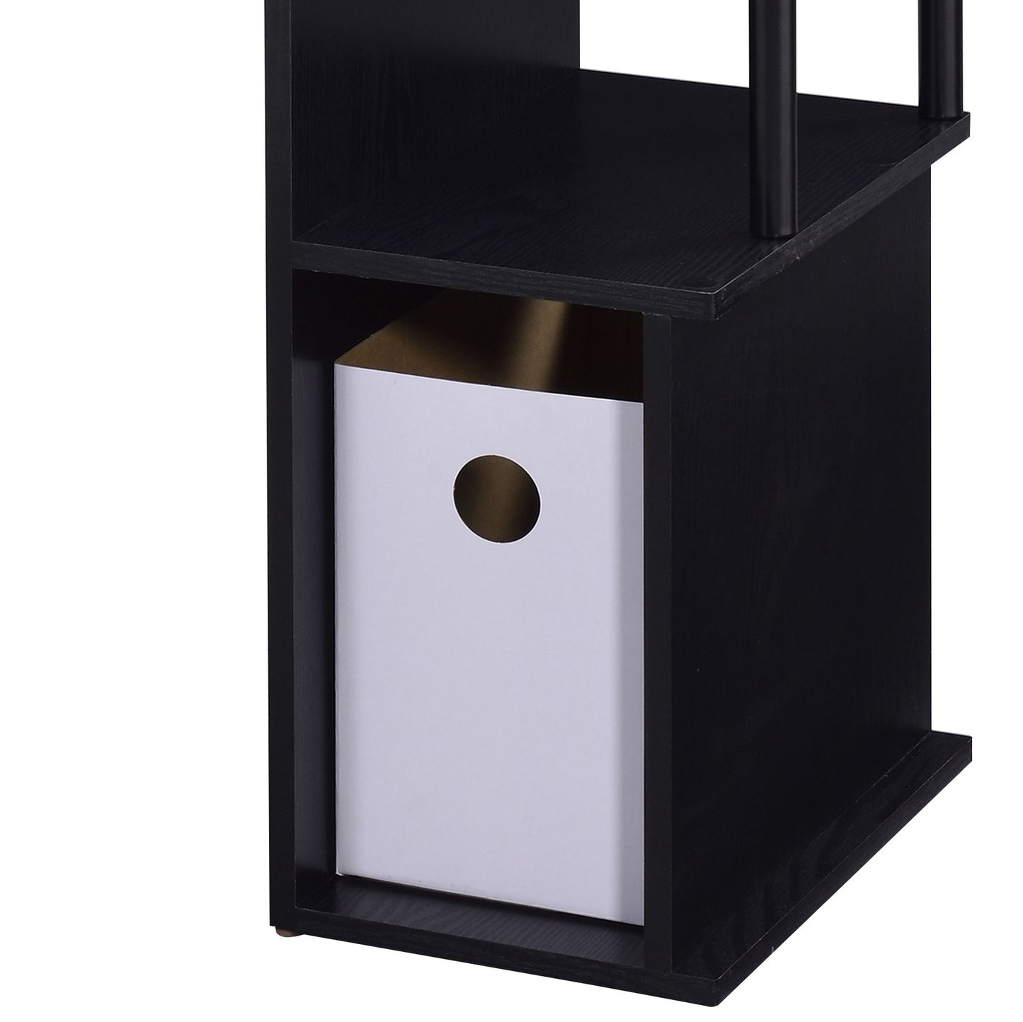 Black wooden bookshelf with a white storage bin inside modern design