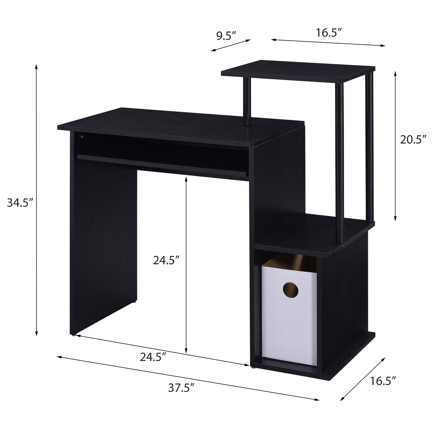 Black wooden computer desk with integrated shelving and storage bin