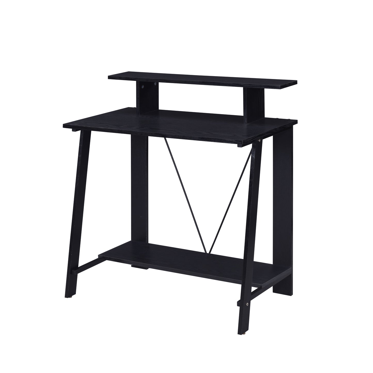 Modern black computer desk with a builtin shelf and hutch for small spaces