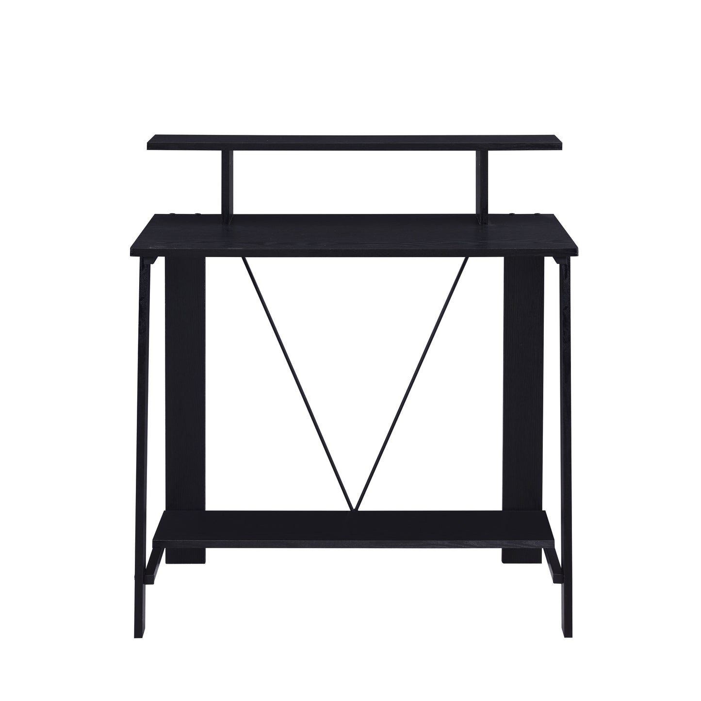 Sleek black computer desk with a raised shelf and minimalist metal cross bracing for stability