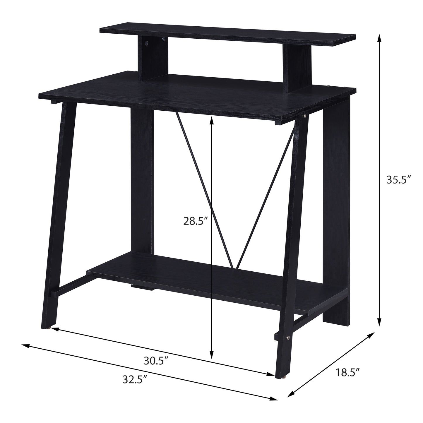 Compact black computer desk with two shelves and raised monitor stand