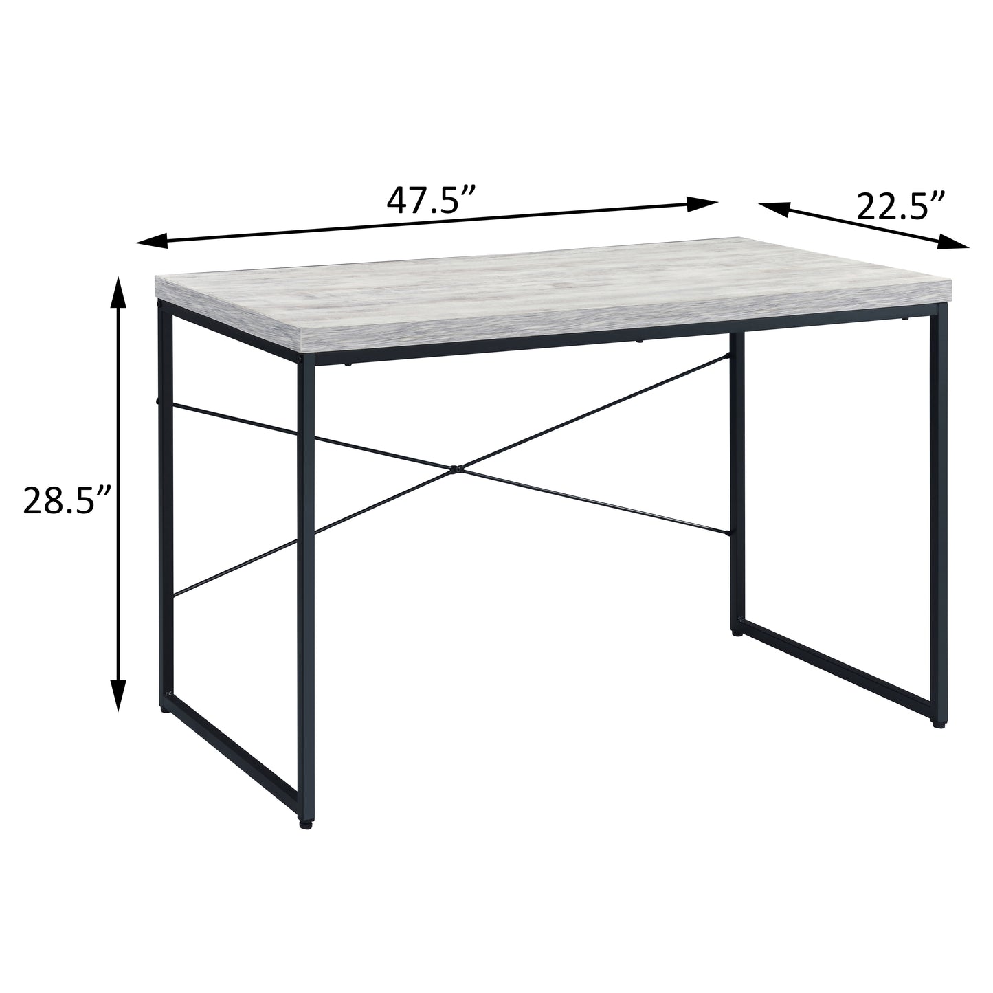 Grey wash wood grain top computer desk with black metal frame and cross brace support W