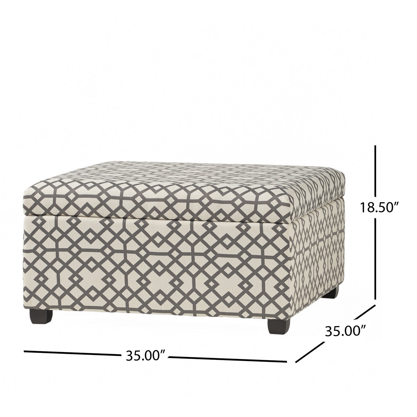 Geometric print storage ottoman with dark wood legs