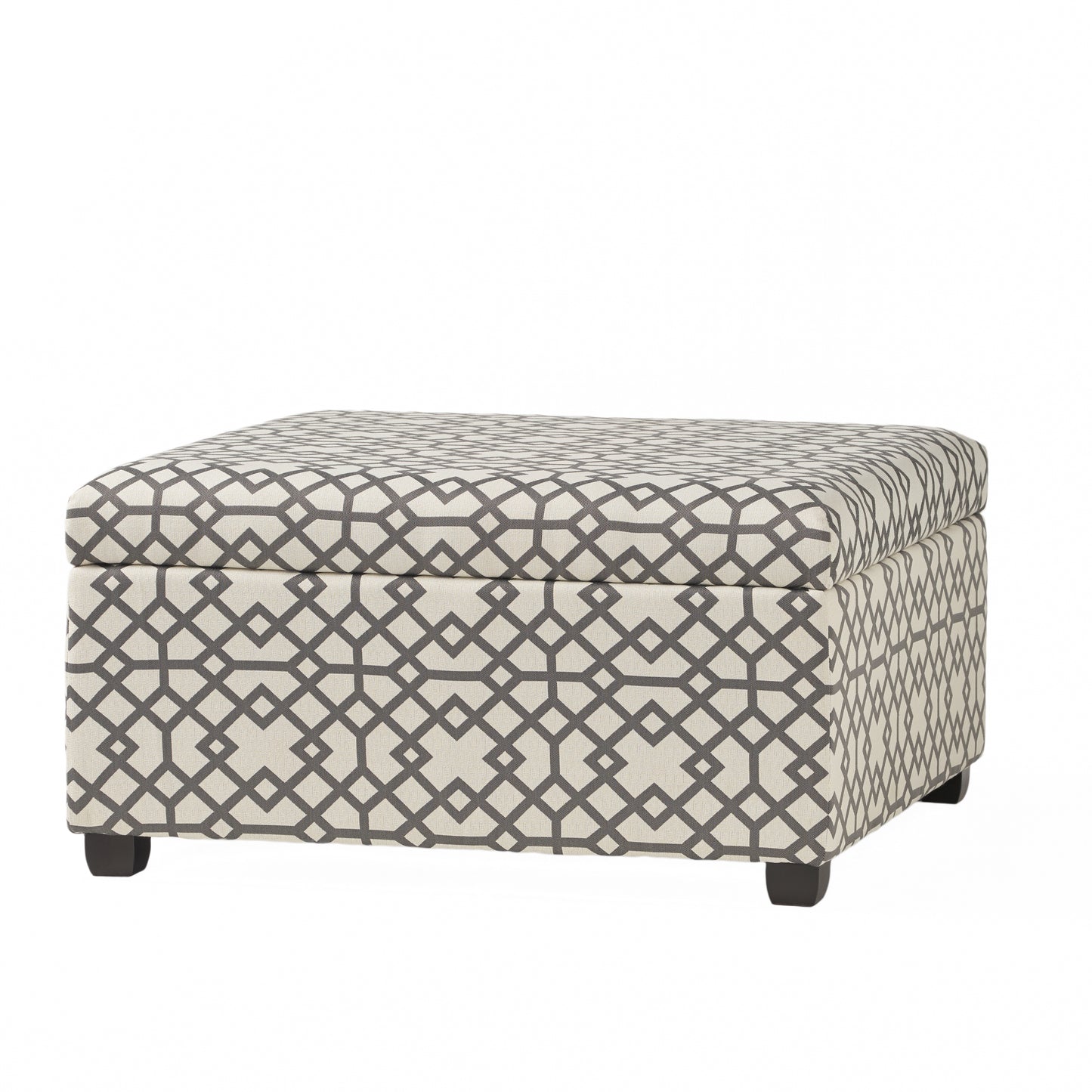 Storage ottoman with beige and gray geometric pattern fabric