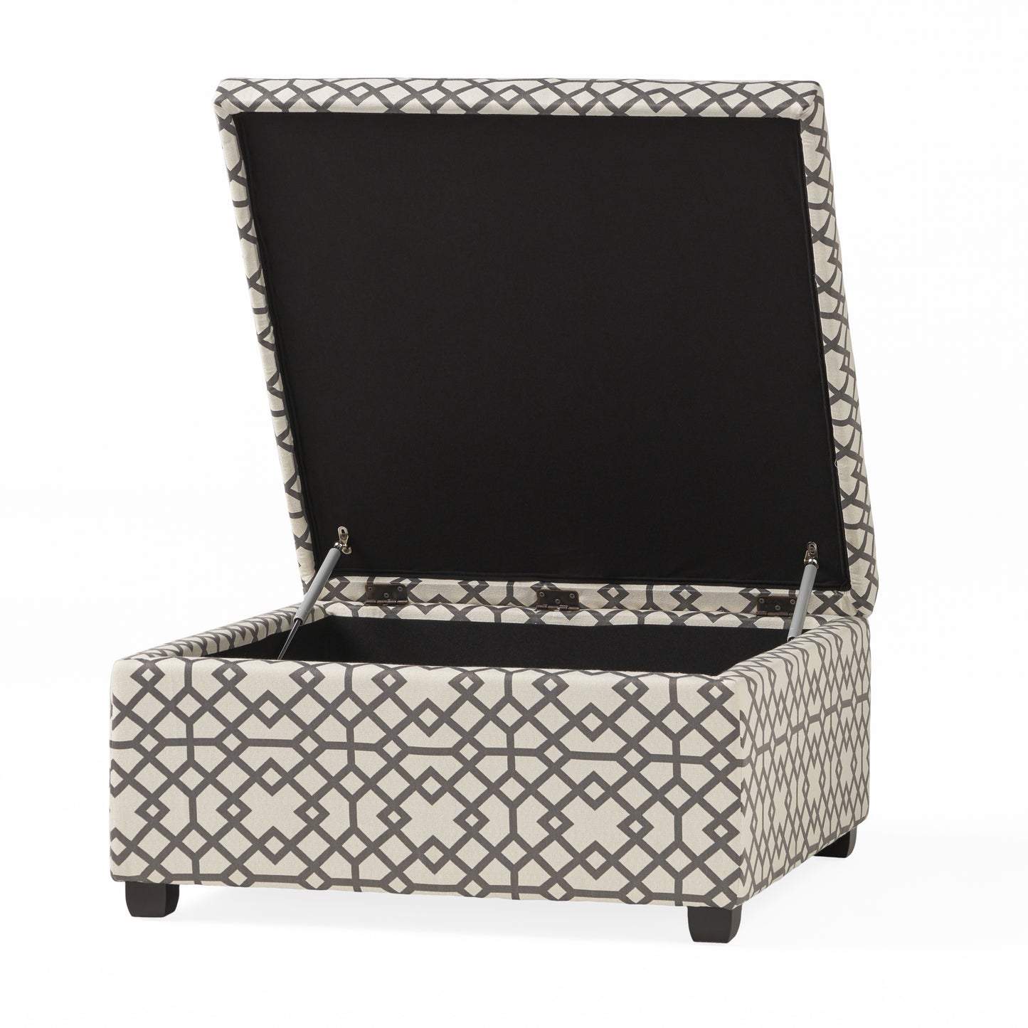 Upholstered storage ottoman with geometric pattern in neutral tones