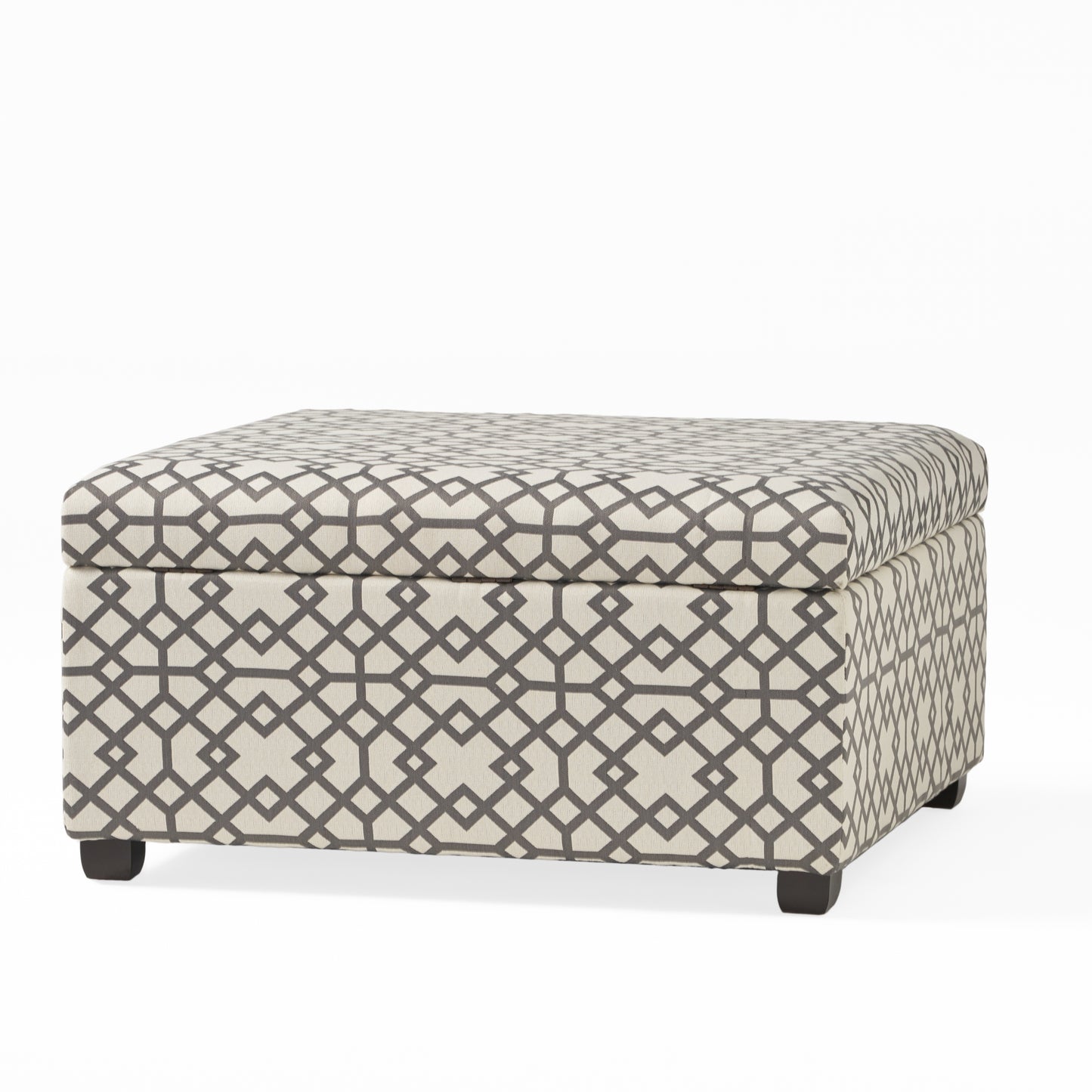 Storage ottoman with geometric grey and beige pattern