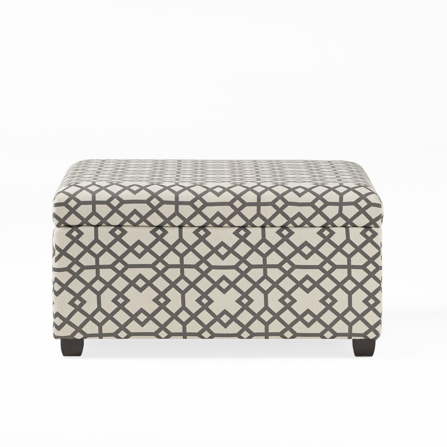 Storage ottoman with beige fabric and geometric grey pattern
