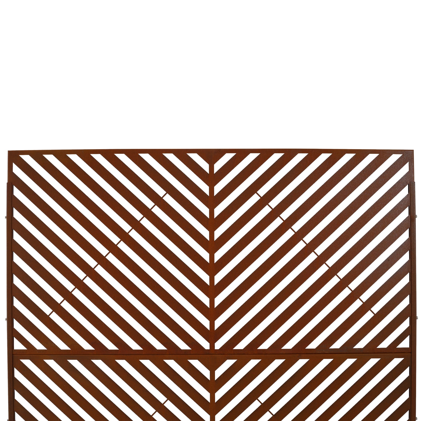 Decorative corten steel garden screen with diagonal stripe pattern
