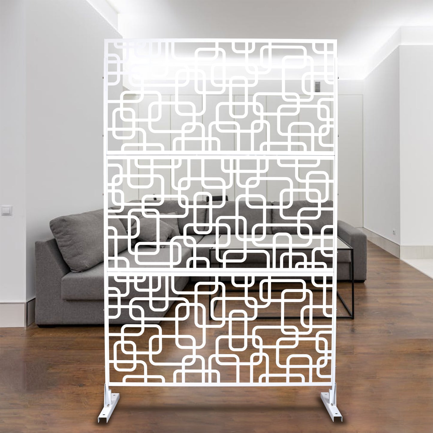 Modern white room divider screen with an abstract geometric pattern panels