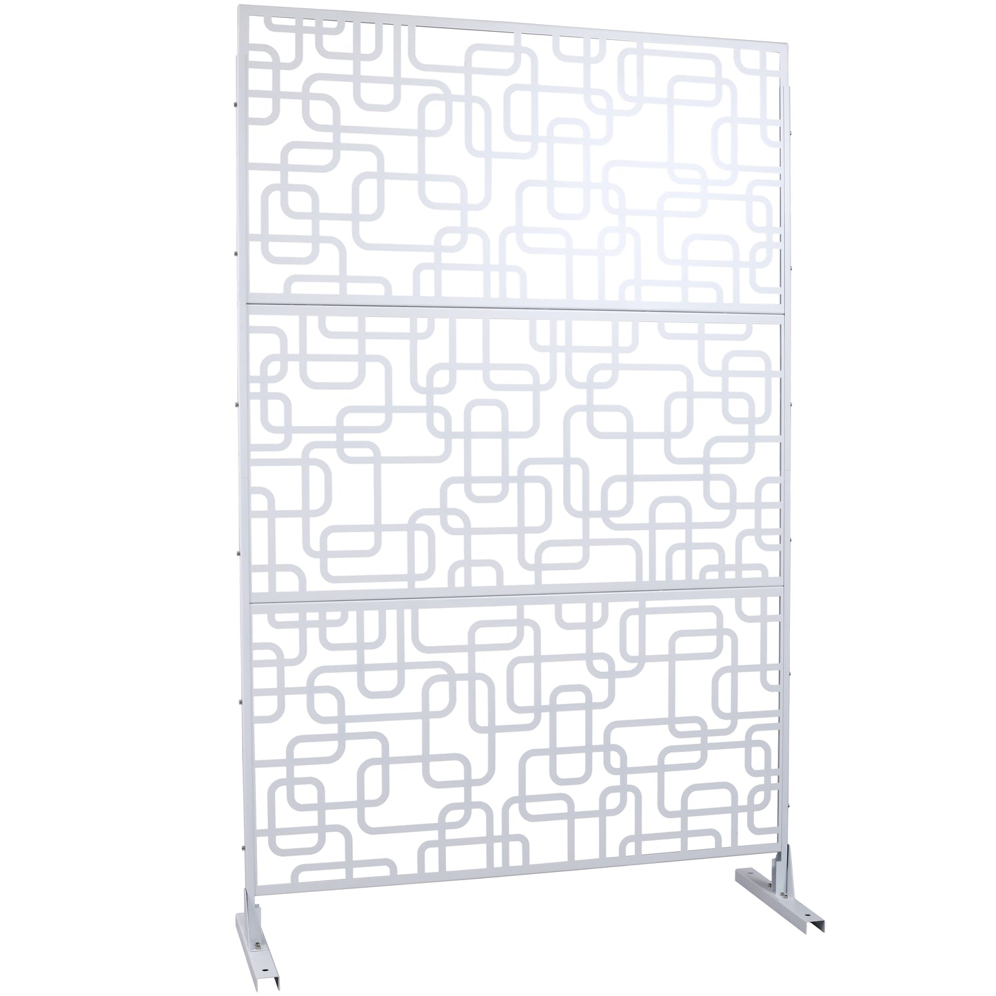White metal room divider with a modern geometric pattern perfect for openconcept spaces