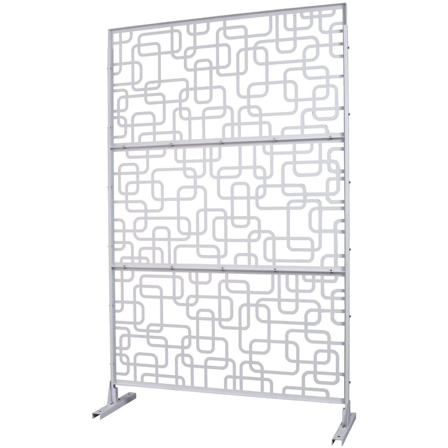 Modern white metal room divider with abstract geometric pattern for interior spaces