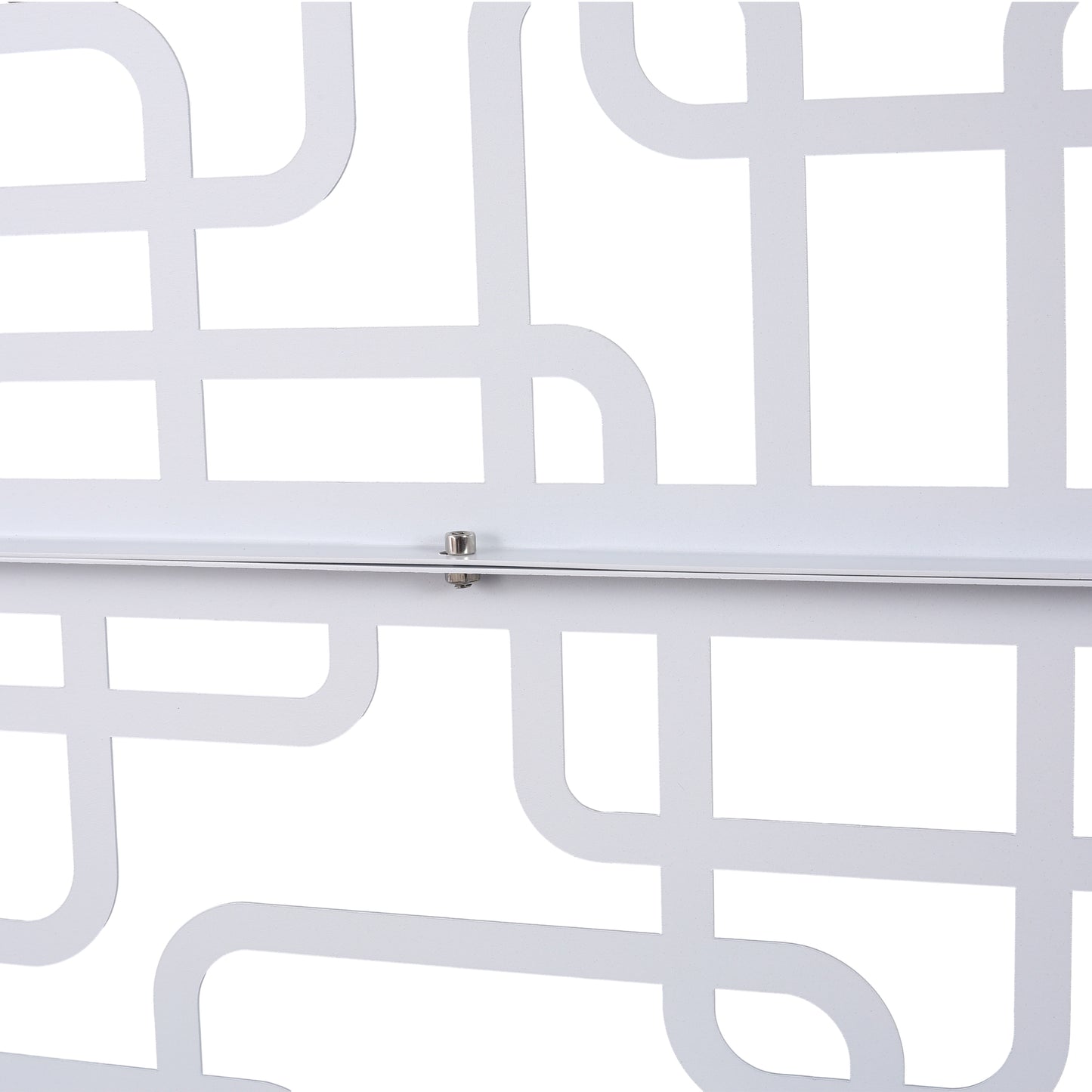 White metal geometric screen panel with rounded corner cutouts and a central securing rod