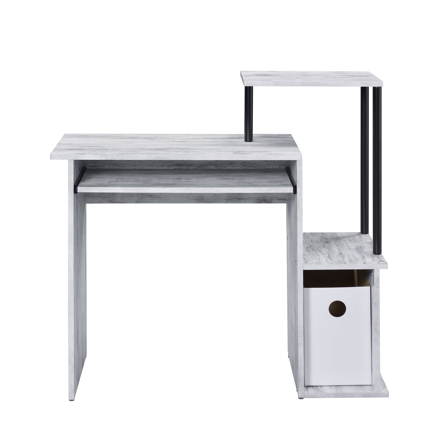Modern white wash wood computer desk with pullout keyboard tray and shelving