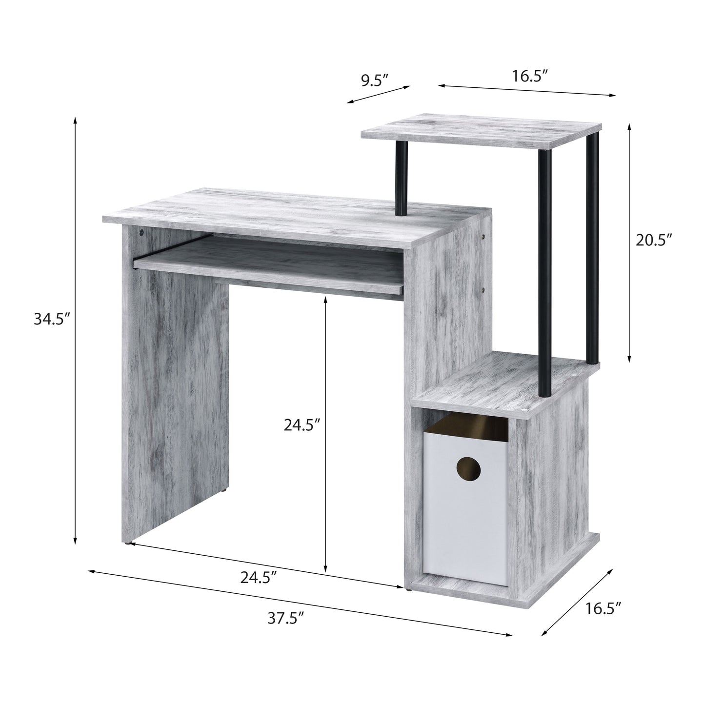 Distressed grey wood computer desk with tiered shelving and pullout keyboard tray