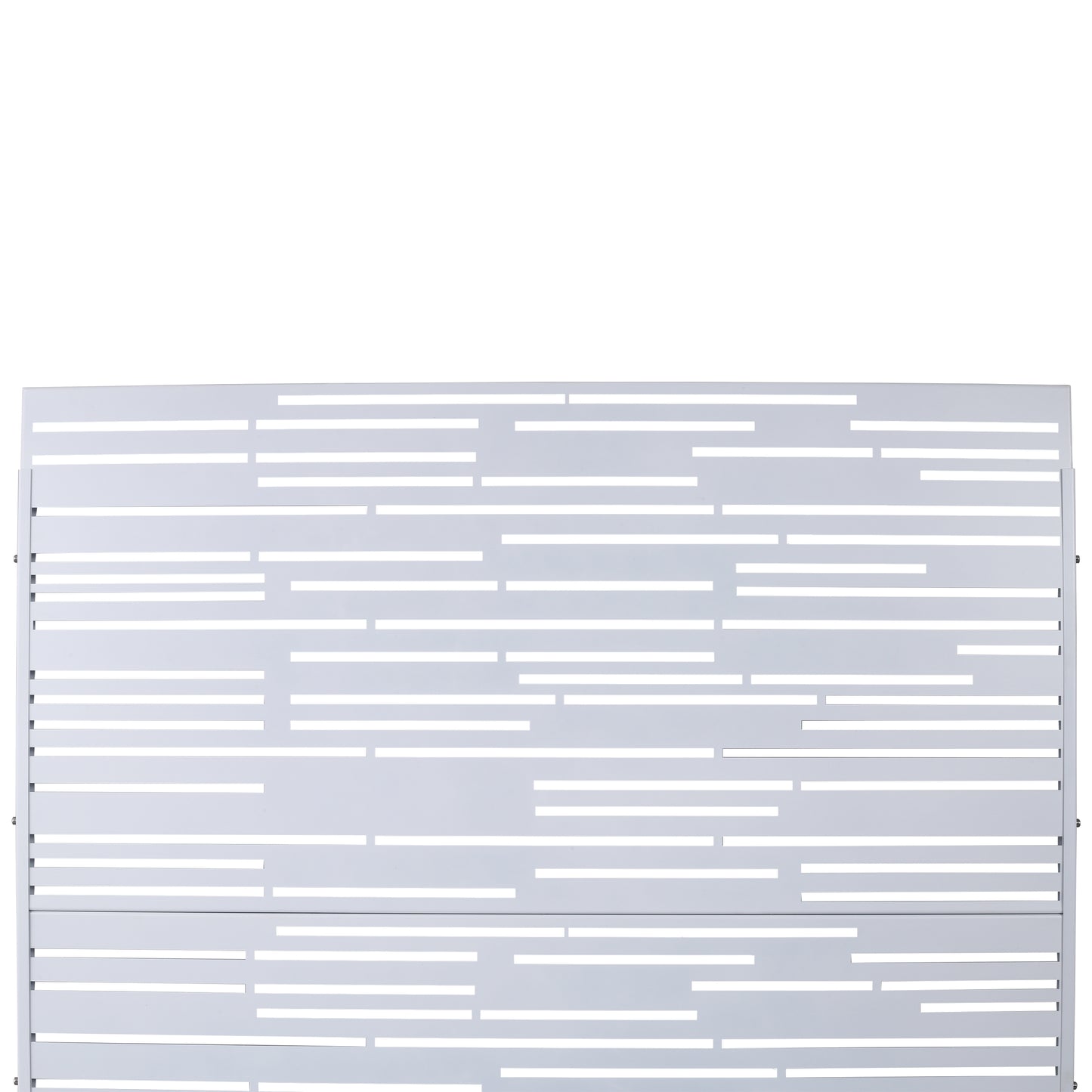 Modern white metal privacy screen with horizontal cutouts for garden patios