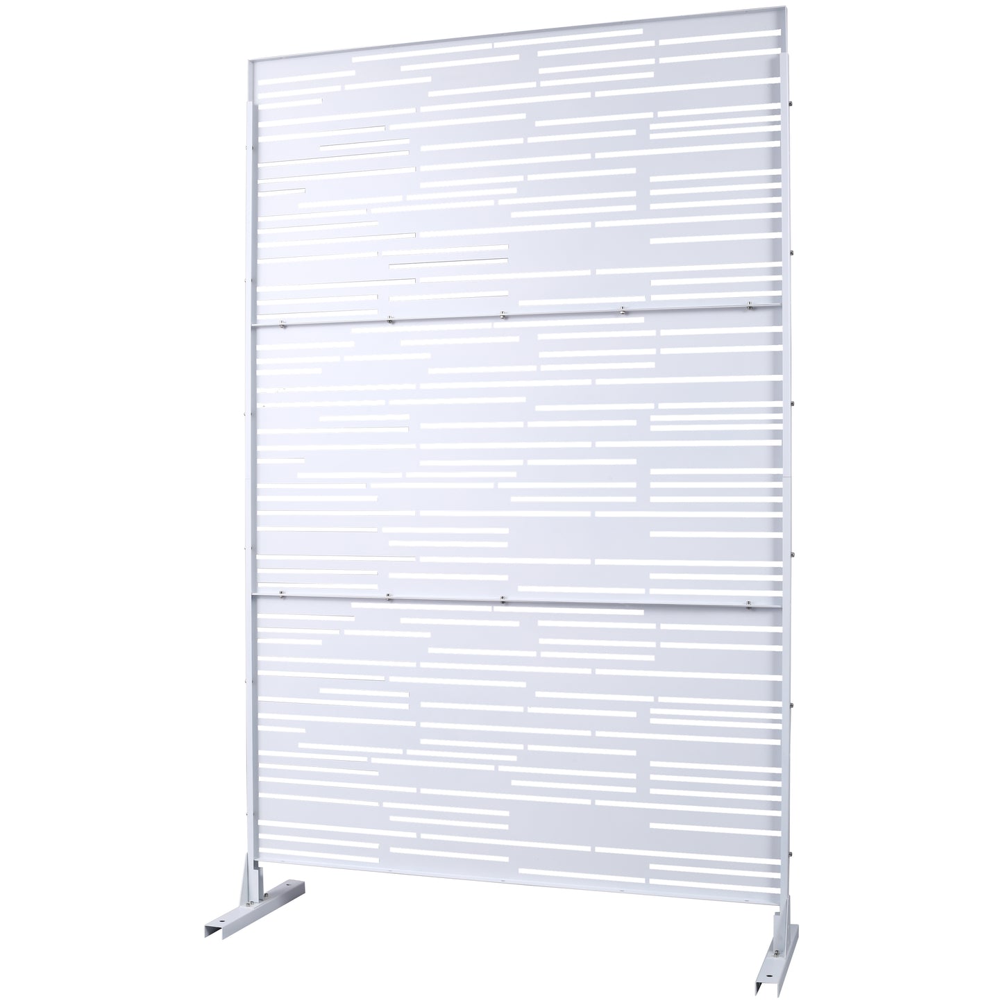 Modern white metal privacy screen with abstract horizontal cutout design