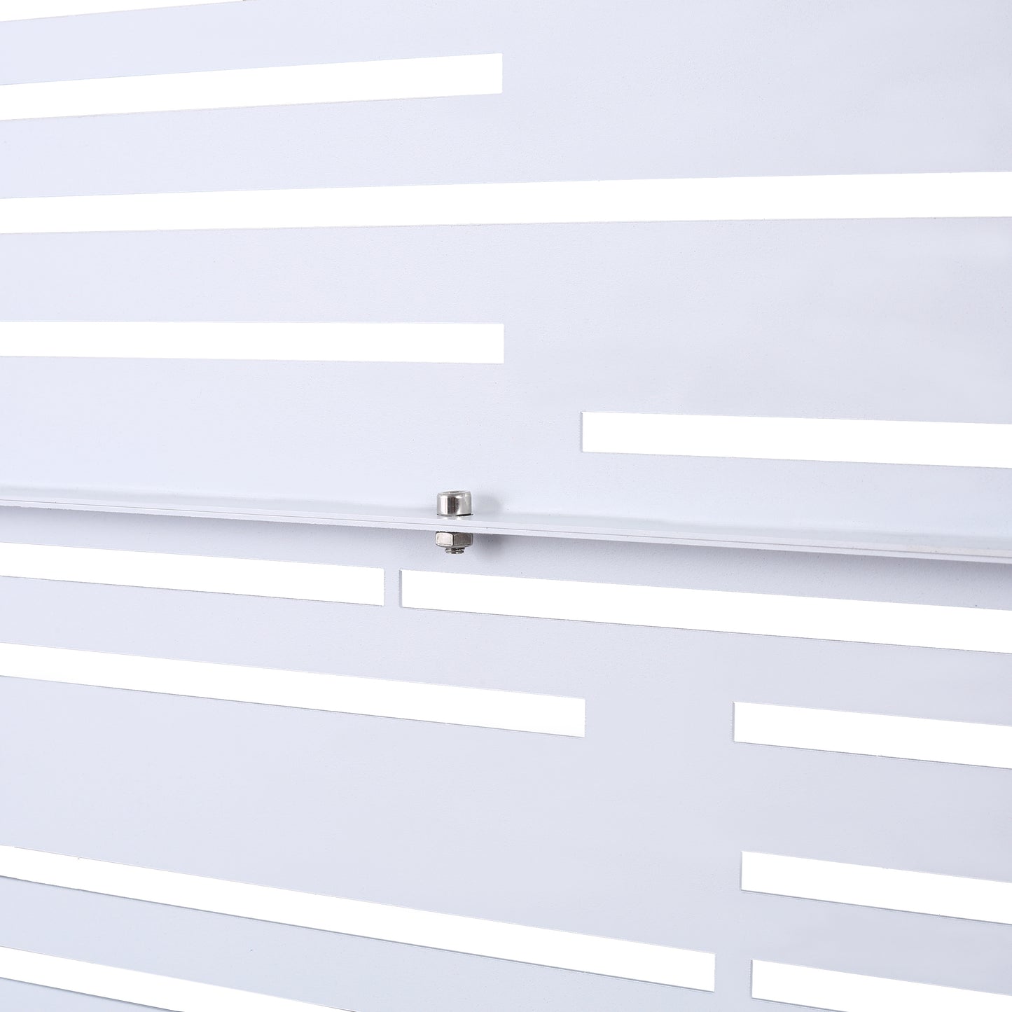 White metal garden screen with horizontal cutouts and silver bolt detail