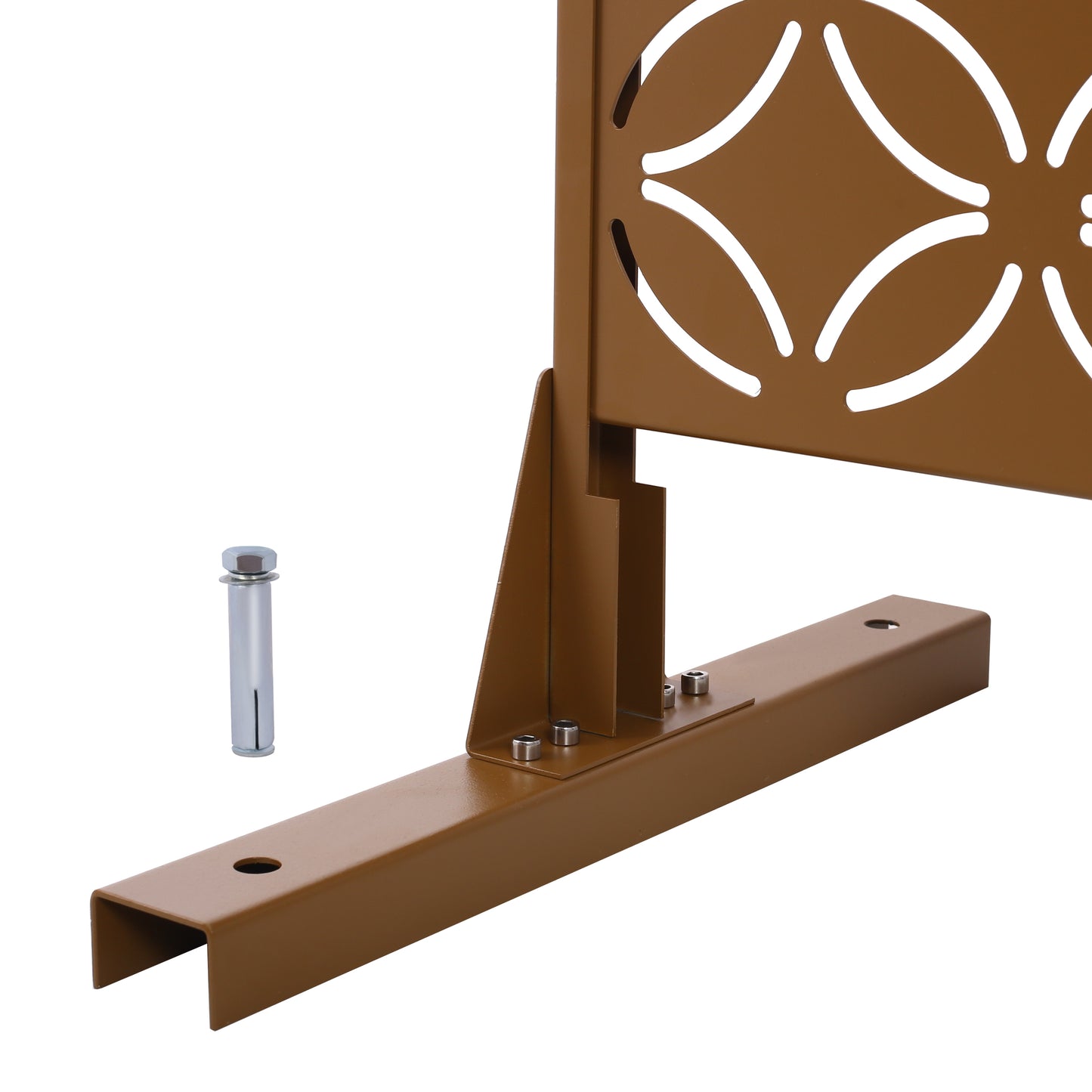 Brown metal garden screen base with decorative cutout pattern and anchor bolt