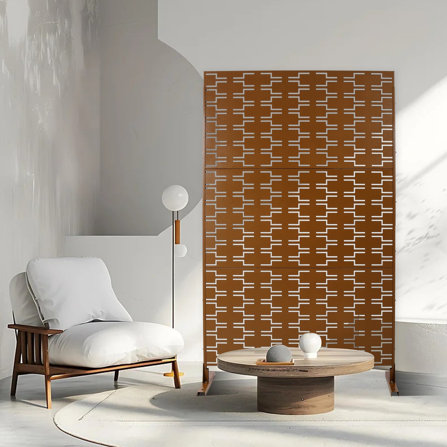 Brown geometric screen divider with openwork metal panels for contemporary living spaces