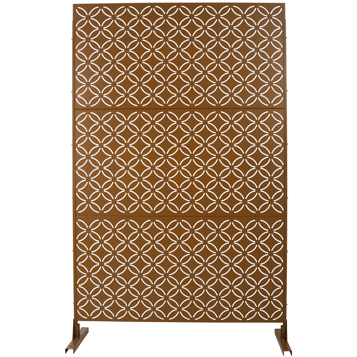 Bronze metal outdoor screen with geometric interlocking circle pattern panels
