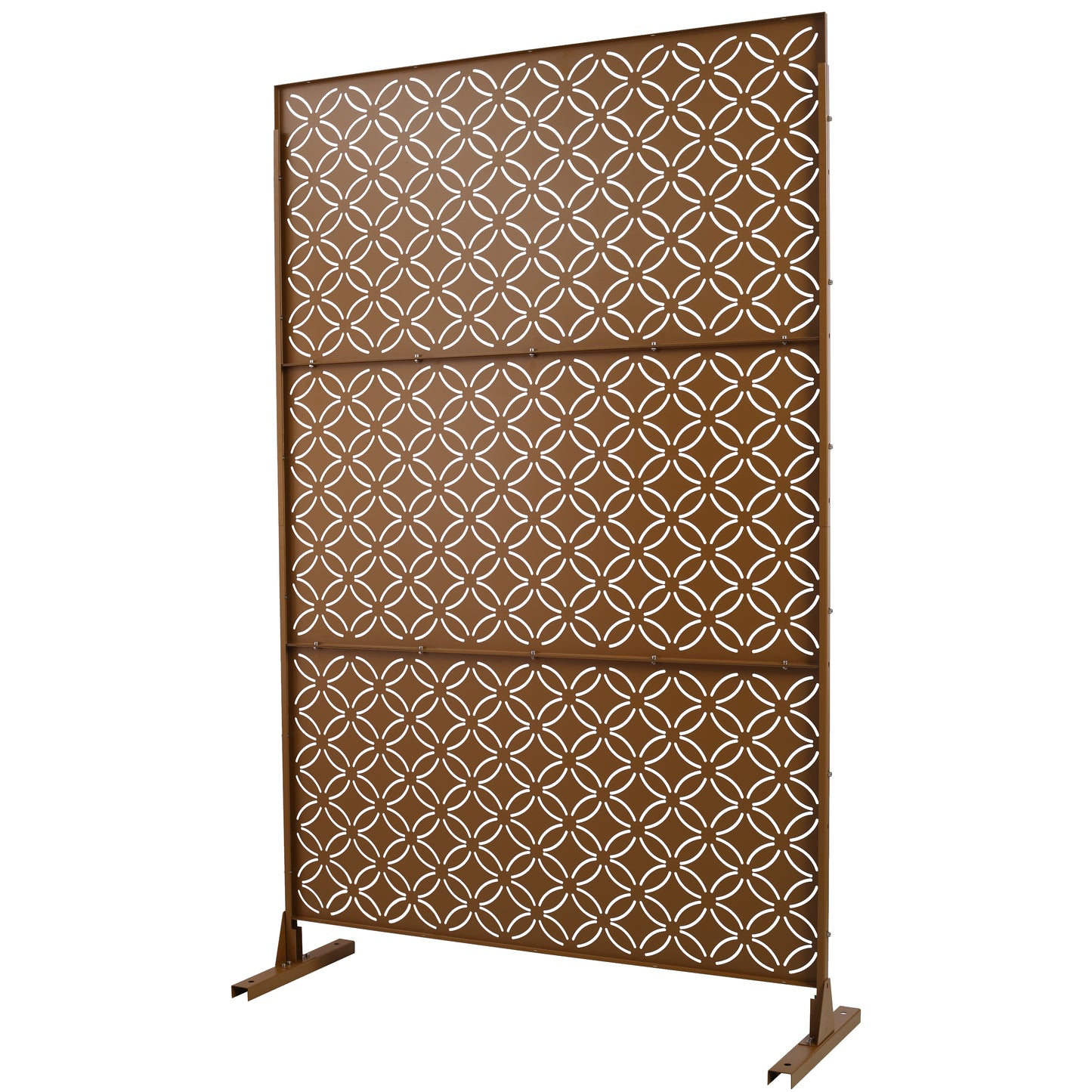 Bronze metal outdoor screen with geometric interlocking circles pattern for garden privacy