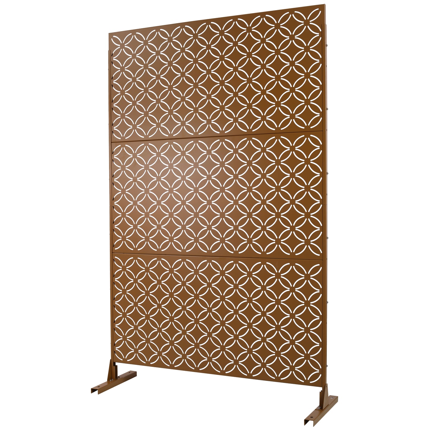 Brown metal privacy screen with an interlocking circle pattern ideal for garden decor