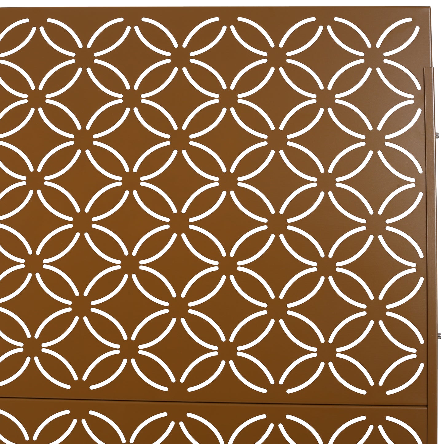 Brown metal decorative panel with a repeating geometric quatrefoil cutout pattern