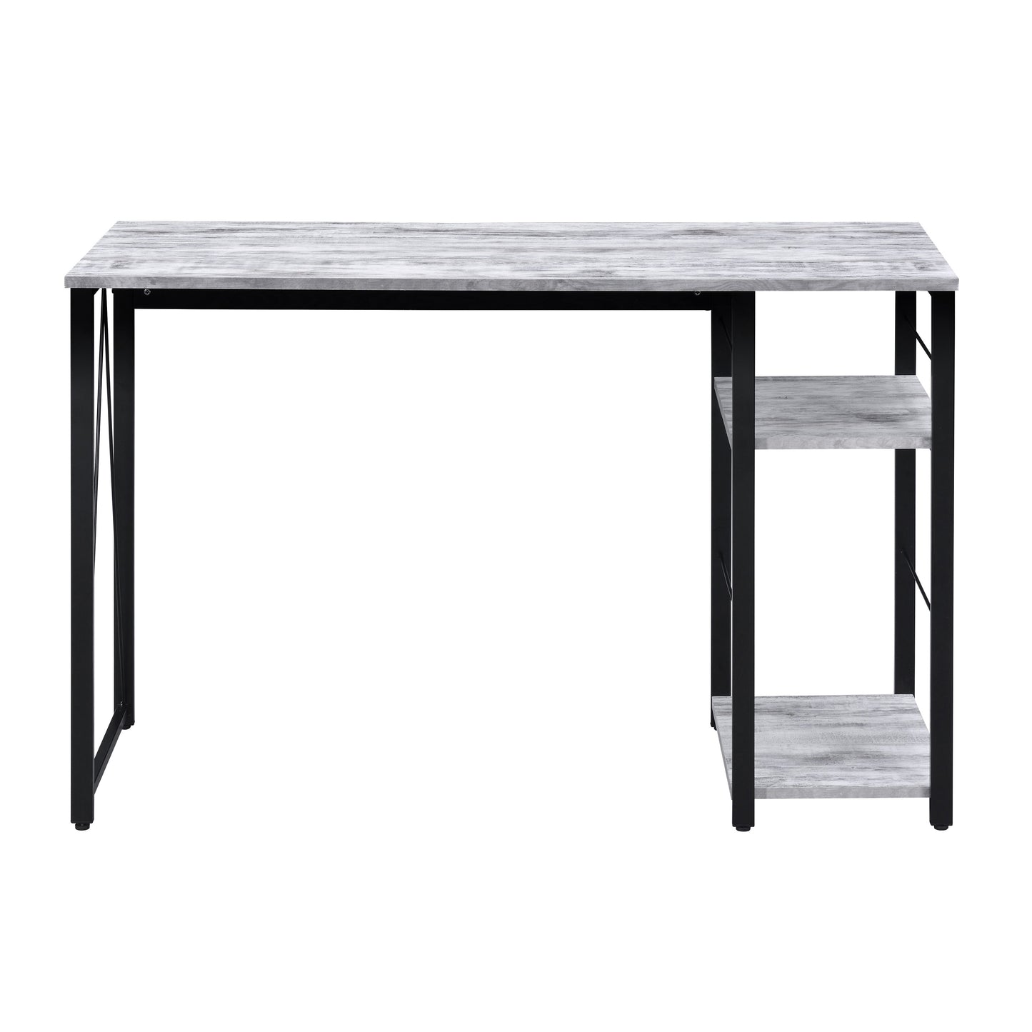 Rustic grey wood and black metal desk with two shelves for home office