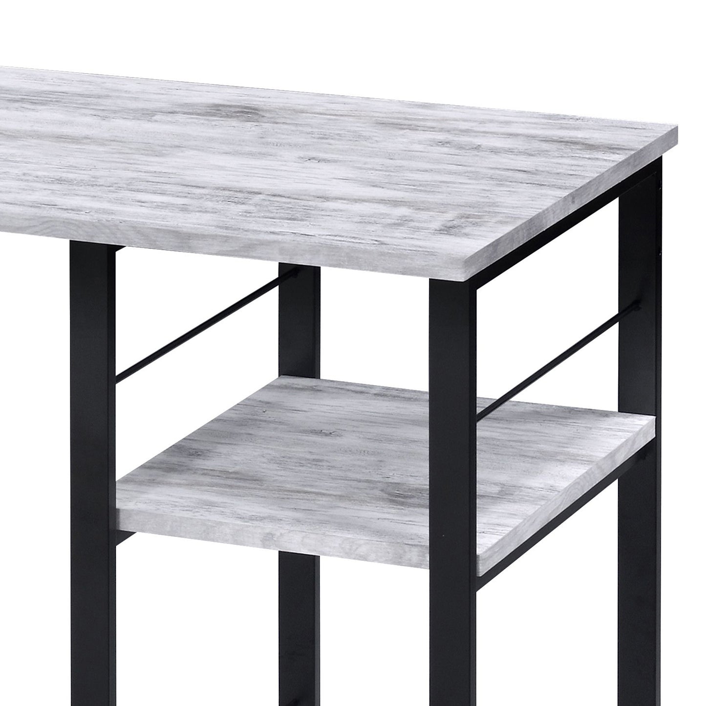 Distressed wood grain top and shelf on black metal frame console table