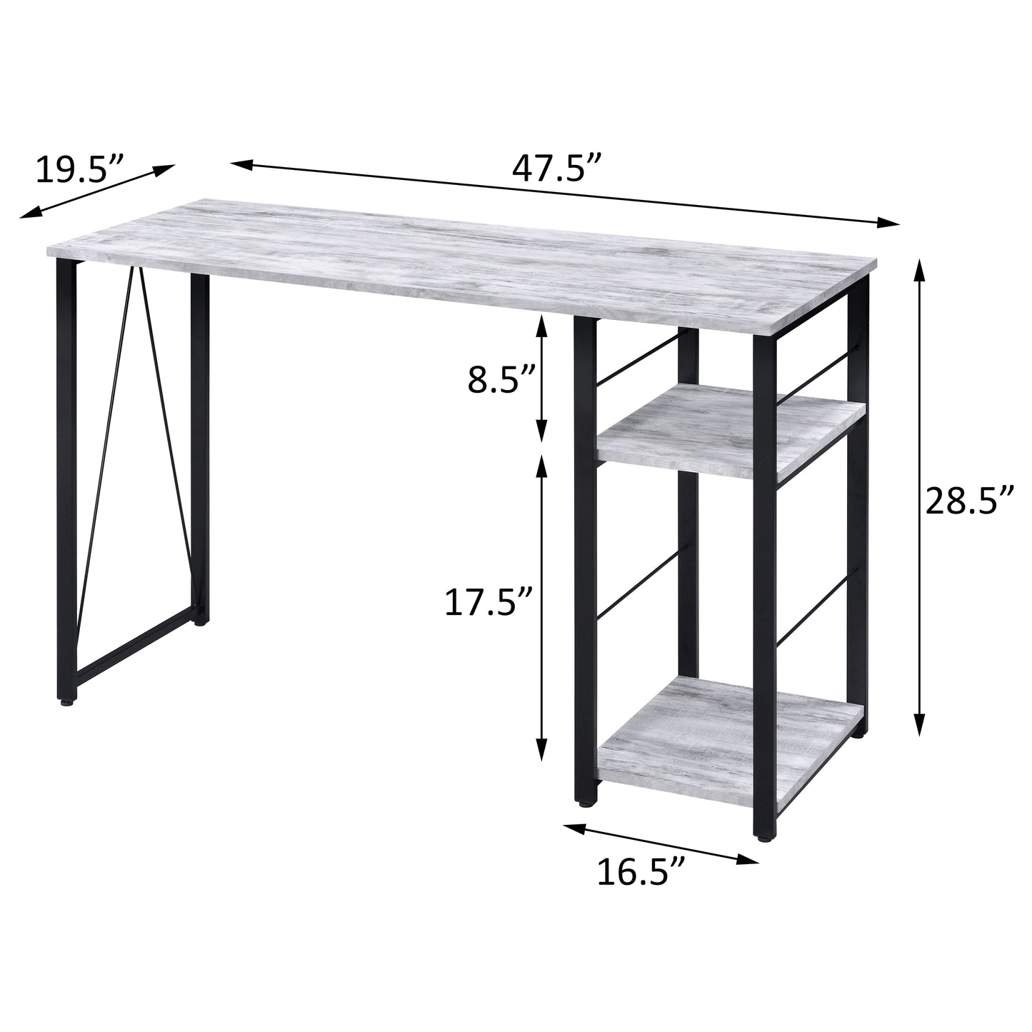Rustic wood grain desk with black metal legs and builtin shelves for storage