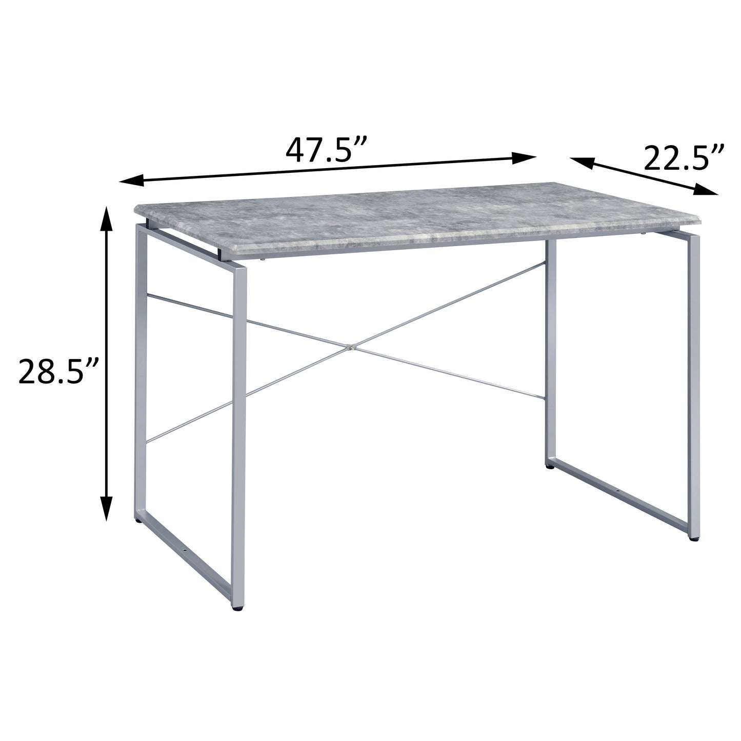 Modern gray faux marble desk with silver metal frame and crisscross support