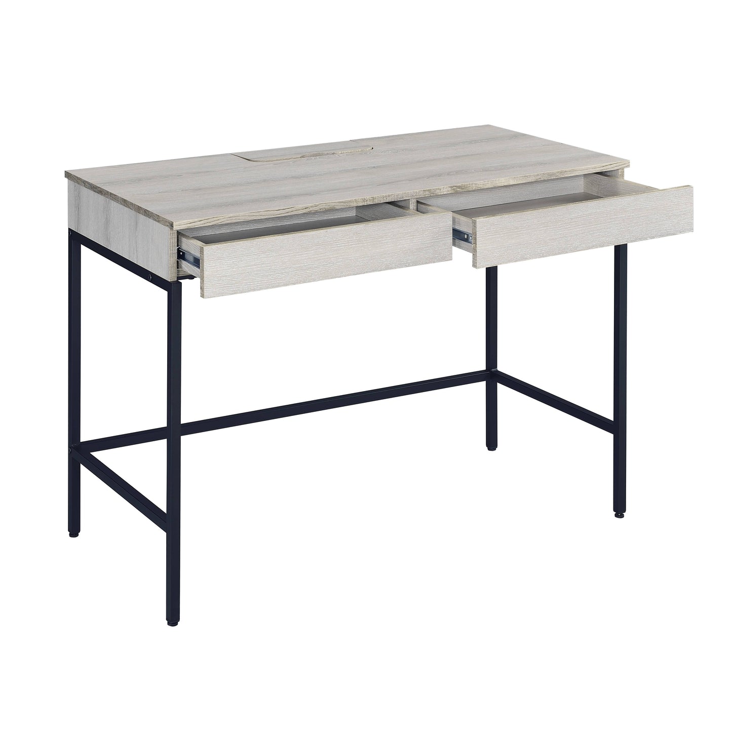 Modern grey wood desk with open drawers and dark metal legs ideal for home office