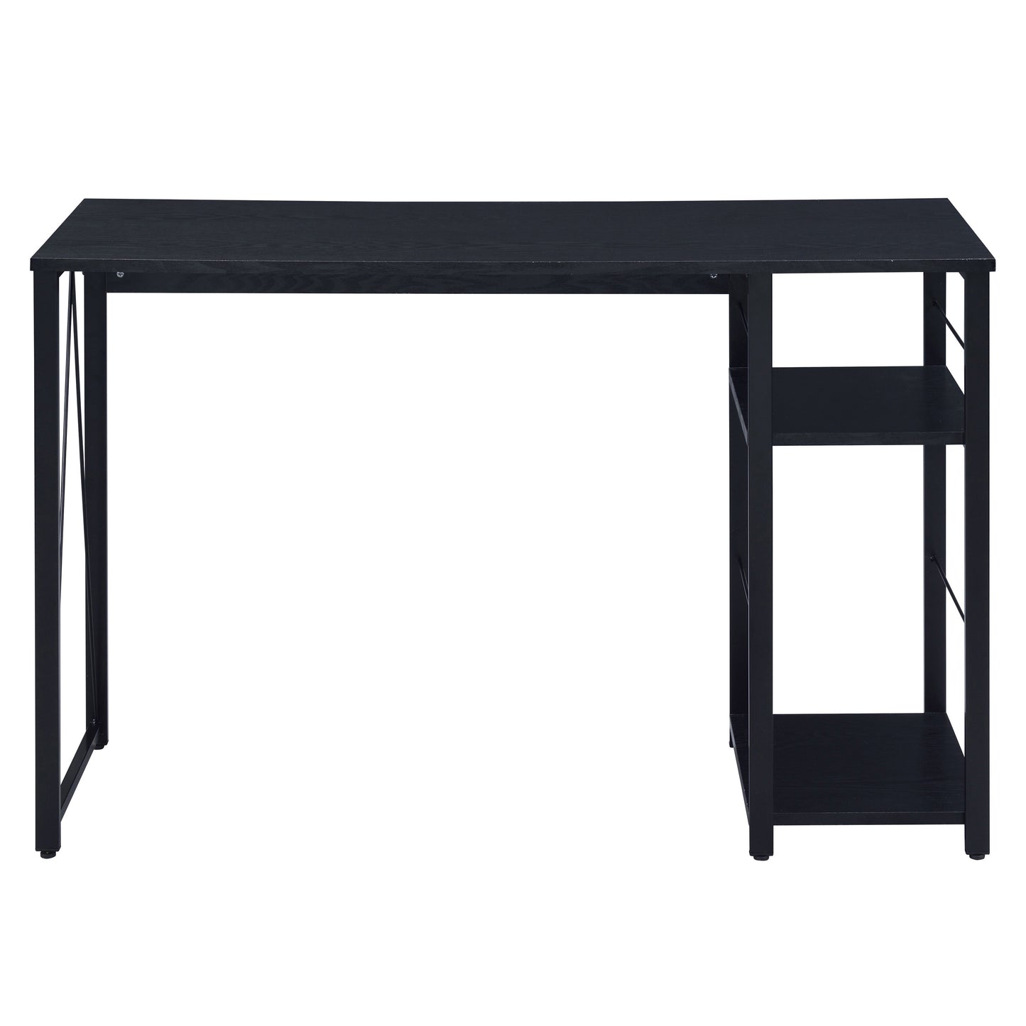 Black modern computer desk with metal frame and two open shelves