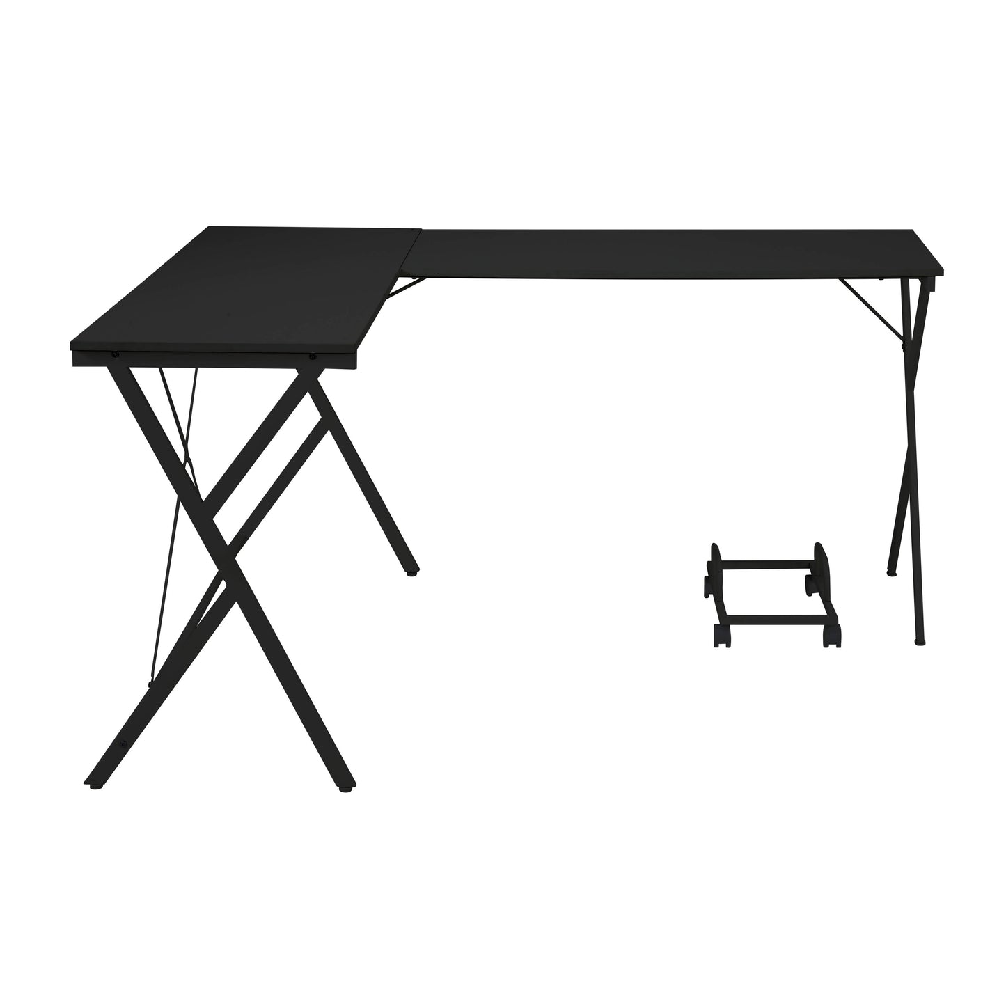 Black Lshaped gaming desk with a metal frame and foldable legs